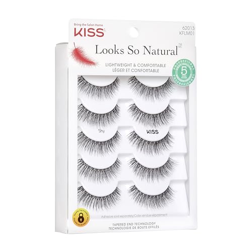 KISS Looks So Natural, False Eyelashes, Shy', 12 mm, Includes 5 Pairs Of Lashes, Contact Lens Friendly, Easy to Apply, Reusable Strip Lashes, Glue On