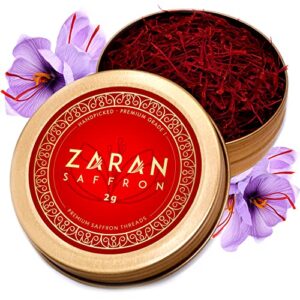 zaran saffron, superior saffron threads (super negin) premium grade saffron spice for paella, risotto, tea's, and all culinary uses (2 grams)