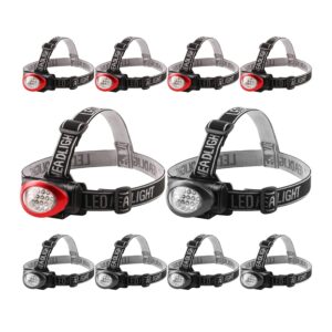 lichamp headlamp, 10 pack 12 led 3 mode portable head lamp flashlight, outdoor lightweight durable headlight for running, camping, reading, fishing, hunting, walking, jogging, black + red color