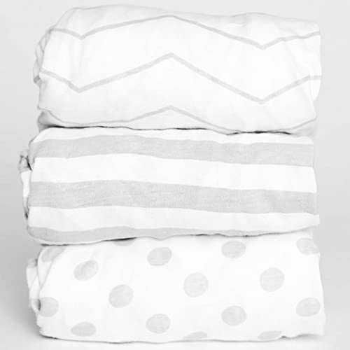 NODNAL CO. 3 Fitted Bassinet Sheets Gray Set Baby Girl/Boy - 100% OEKO-TEX Cotton Gender Neutral Chevron, Polka Dot, Stripe Universal Fit - Cradle/Moses Basket Hourglass, Oval Rectangle Mattress Sheet