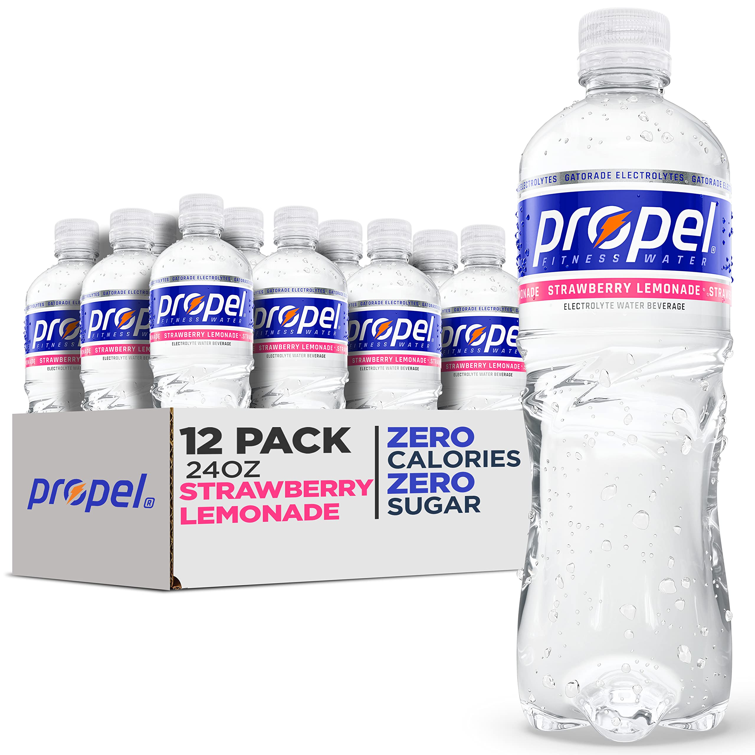 Propel, Strawberry Lemonade, Zero Calorie Water Beverage with Electrolytes & Vitamins C&E, 24 Fl Oz (Pack of 12)