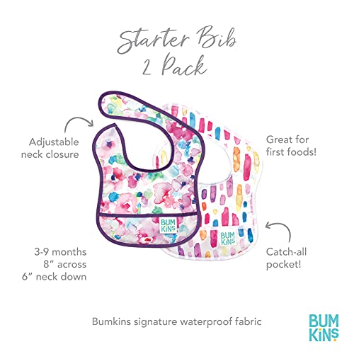 Bumkins Bibs, for Baby Girl or Boy, Infant 3-9 Months, Essential Must Have for Eating, Feeding, Baby Led Weaning, Mess Saving Waterproof Soft Fabric, Starter Bib 2-pk Watercolors and Brushstrokes