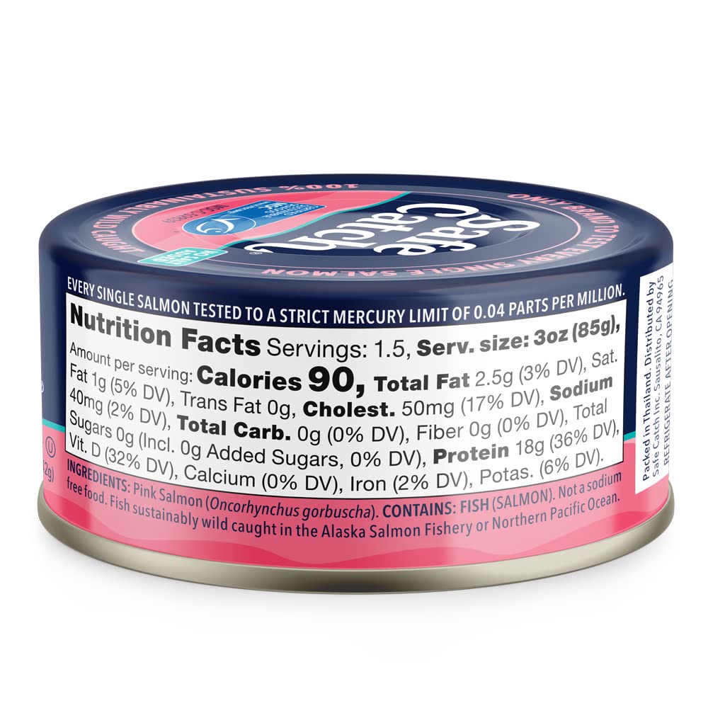 Safe Catch Wild Pacific Pink Salmon Canned Wild-Caught No Salt Added Skinless Boneless Salmon Fish Mercury Tested Kosher, 6 Pack Can Salmon 5oz