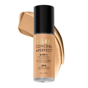 milani conceal + perfect 2-in-1 foundation + concealer - natural beige (1 fl. oz.) cruelty-free liquid foundation - cover under-eye circles, blemishes & skin discoloration for a flawless complexion