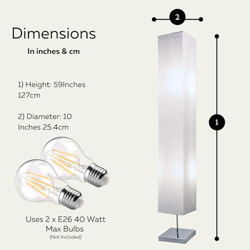 LIGHTACCENTS Honors Paper Floor Lamp 59-Inches Tall - Japanese Style Standing Lamp with Chrome Base and White Paper Shade, On/Off Foot Switch - Floor Lamps for Living Room Decor - Bedroom lamp