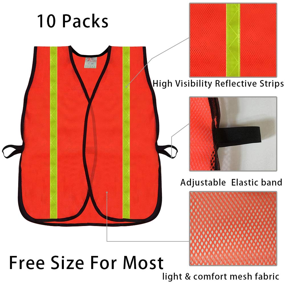 zojo High Visibility Safety Vests 10 Packs,Adjustable Size,Lightweight Mesh Fabric, Wholesale Reflective Vest for Outdoor Works, Cycling, Jogging, Walking,Sports - Fits for Men Women (Neon Orange)