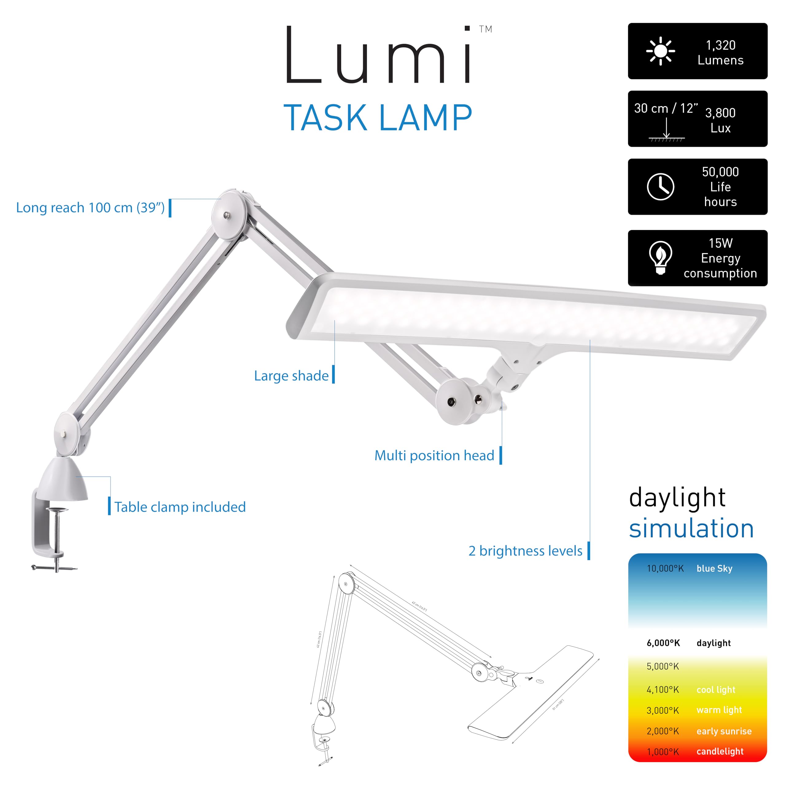 Daylight Company Lumi Task Lamp, Craft Light, Super Bright Desk Lamp, Touch Dimmable, 2 Brightness Levels, Ideal Table Light, Drawing Lamps - Metal - 15 W