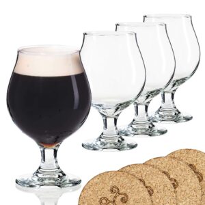 ecodesign-us beer glass belgian style stemmed tulip - 16 oz lambic beer glasses - set of 4 w/coasters