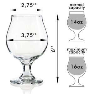 ECODESIGN-US Beer Glass Belgian Style Stemmed Tulip - 16 oz Lambic Beer Glasses - set of 4 w/coasters