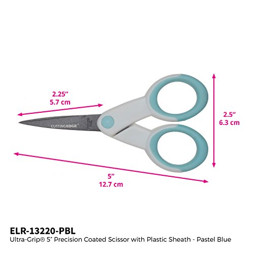 ECR4Kids Cutting Edge Ultra-Grip 5" Precision Non-Stick Coated Scissors w/Sheath - Extra Sharp Pointed Tip - For Sewing and Crafting, Pastel Blue