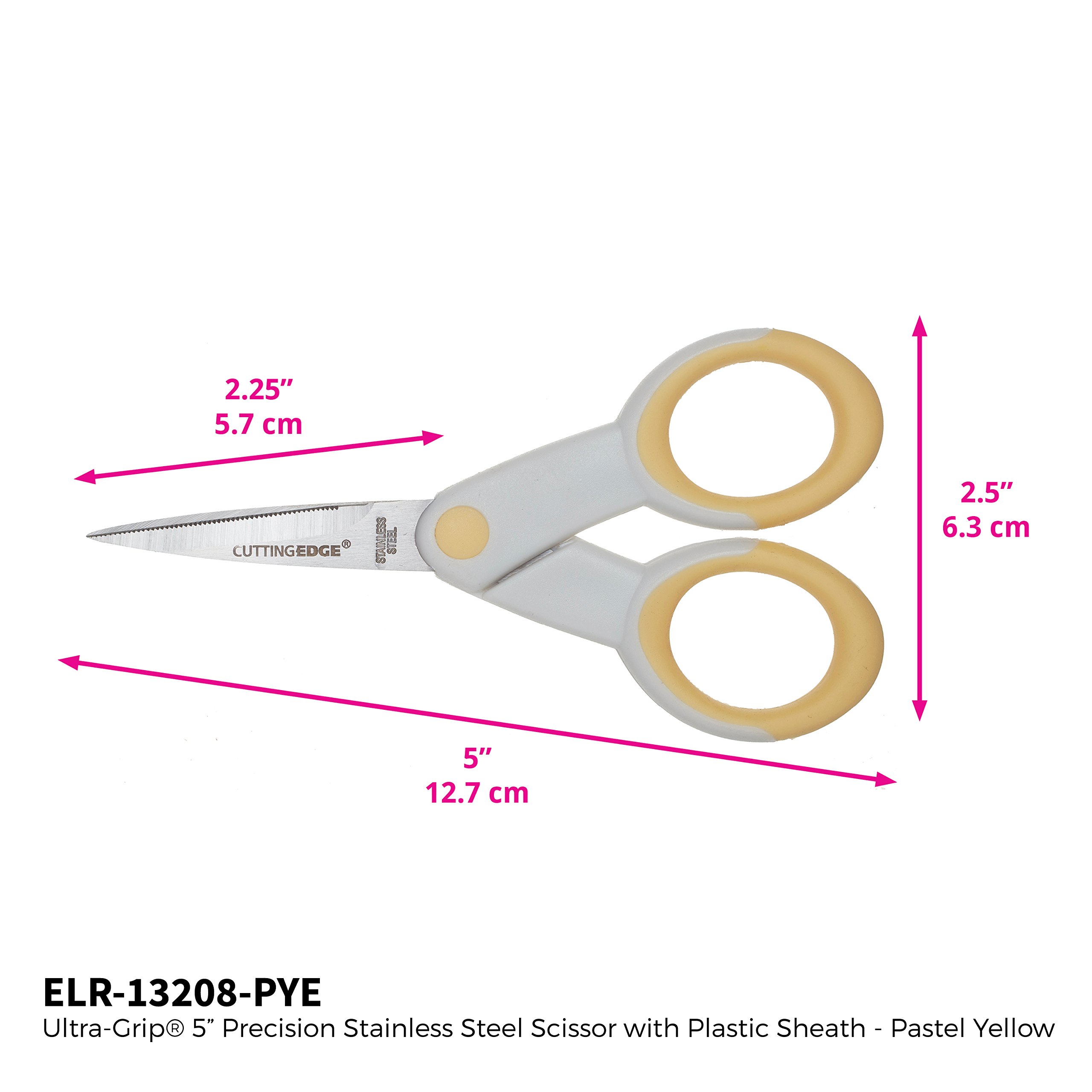 ECR4Kids Cutting Edge Ultra-Grip 5" Precision Non-Stick Stainless Steel Scissors w/Sheath - Extra Sharp Pointed Tip - For Sewing and Crafting, Pastel Yellow