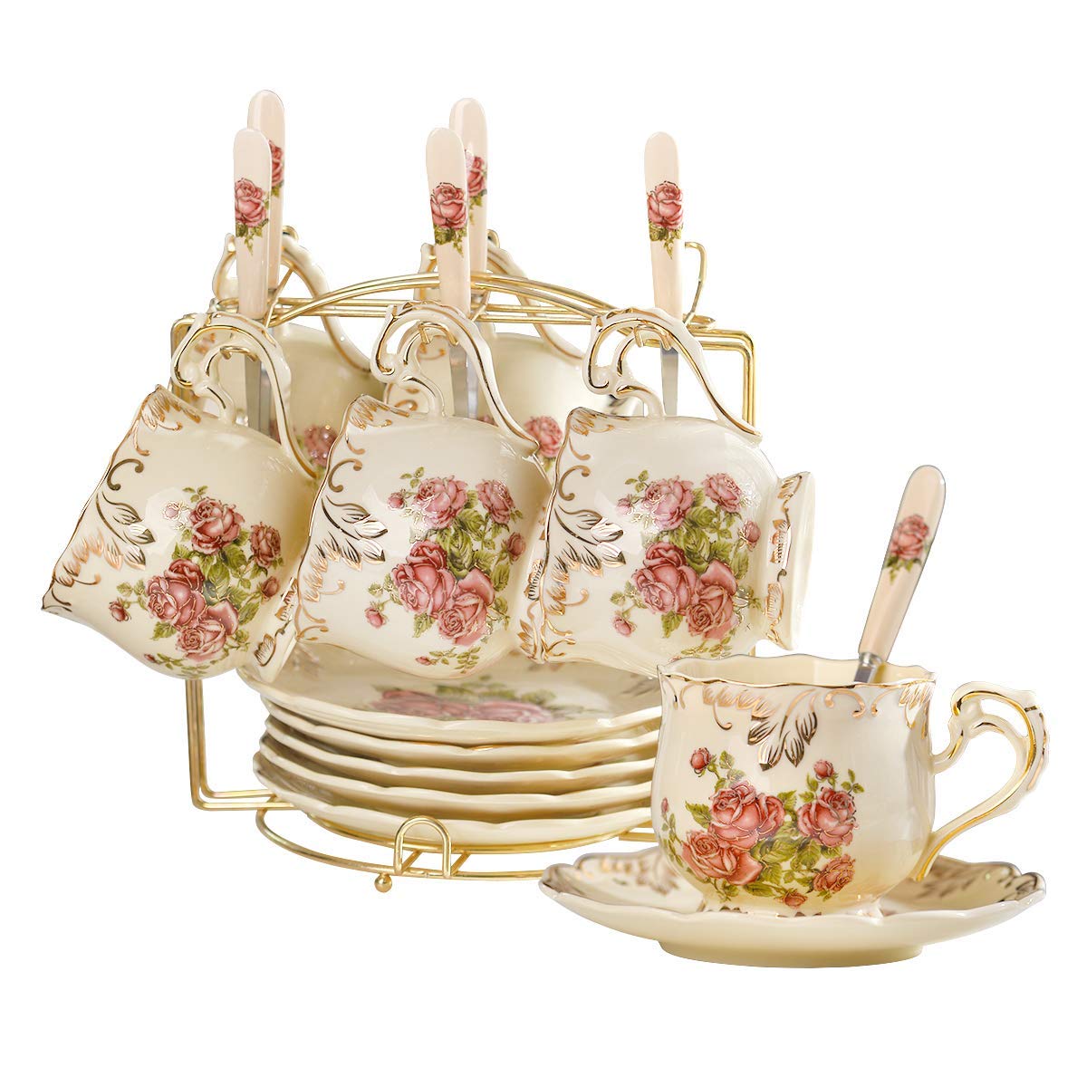 YOLIFE Ivory Pink Rose Tea Cups, Tea Cups and Saucers Set of 6, Tea Set, Vintage Floral Porcelain Tea Cups Set, Coffee Cups with Golden Rack, 8 oz