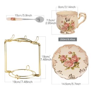 YOLIFE Ivory Pink Rose Tea Cups, Tea Cups and Saucers Set of 6, Tea Set, Vintage Floral Porcelain Tea Cups Set, Coffee Cups with Golden Rack, 8 oz