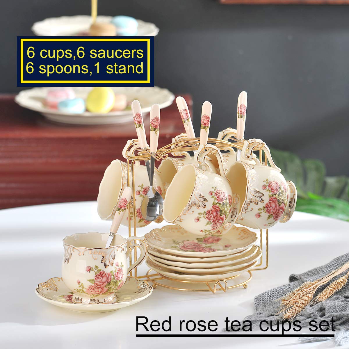 YOLIFE Ivory Pink Rose Tea Cups, Tea Cups and Saucers Set of 6, Tea Set, Vintage Floral Porcelain Tea Cups Set, Coffee Cups with Golden Rack, 8 oz