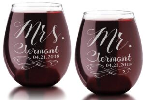 infinity set of 2 mr mrs stemless wine engraved glass soon to be husband wife present couples newly married wedding gift bride groom drinkware keepsake