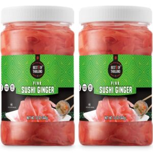 best of thailand japanese pink pickled sushi ginger | no msg | 2 jars of 12oz fresh sliced young gari pickled ginger in sweet pickling brine with color | fat-free, sugar-free, kosher