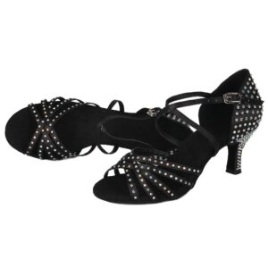 DKZSYIM Women's Satin Latin Dance Shoes Rhinestone Ballroom Salsa Performance Practice Dancing Shoes,AFCT40403-Black-6.5,US 7.5