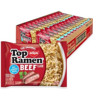 nissin top ramen noodle soup, beef, 3 ounce (pack of 24)