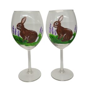 bunny rabbit hand painted stemmed wine glasses set of 2