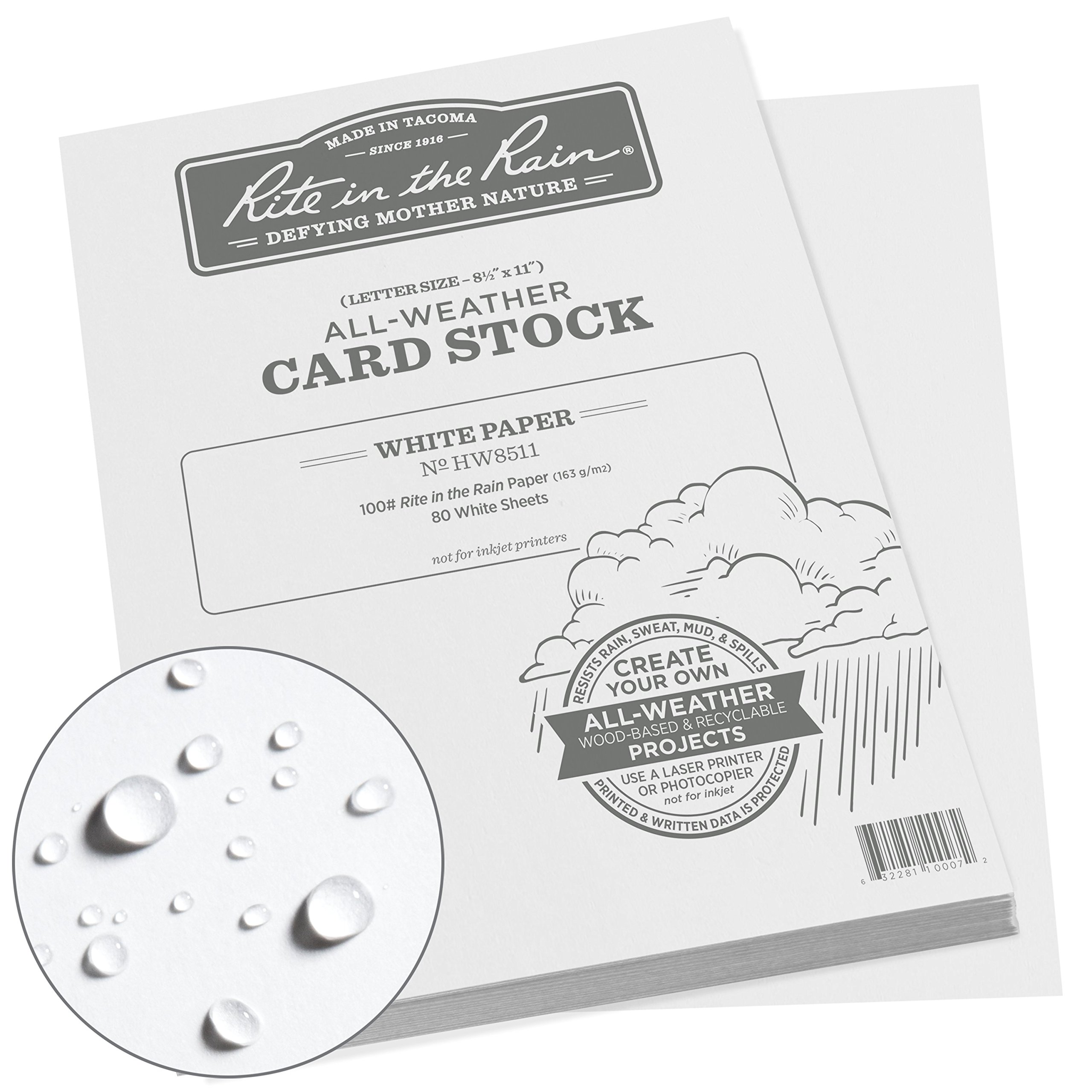Rite in the Rain All Weather Card Stock, 8.5" x 11", 100# White, 80 Sheet Pack (No. HW8511)
