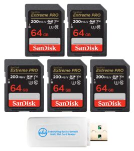 sandisk 64gb (five pack) extreme pro memory card (sdsdxxy-064g-gn4in) sdxc 4k v30 uhs-i with everything but stromboli (tm) combo reader