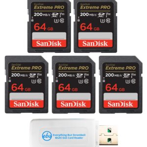 SanDisk 64GB (Five Pack) Extreme Pro Memory Card (SDSDXXY-064G-GN4IN) SDXC 4K V30 UHS-I with Everything But Stromboli (TM) Combo Reader