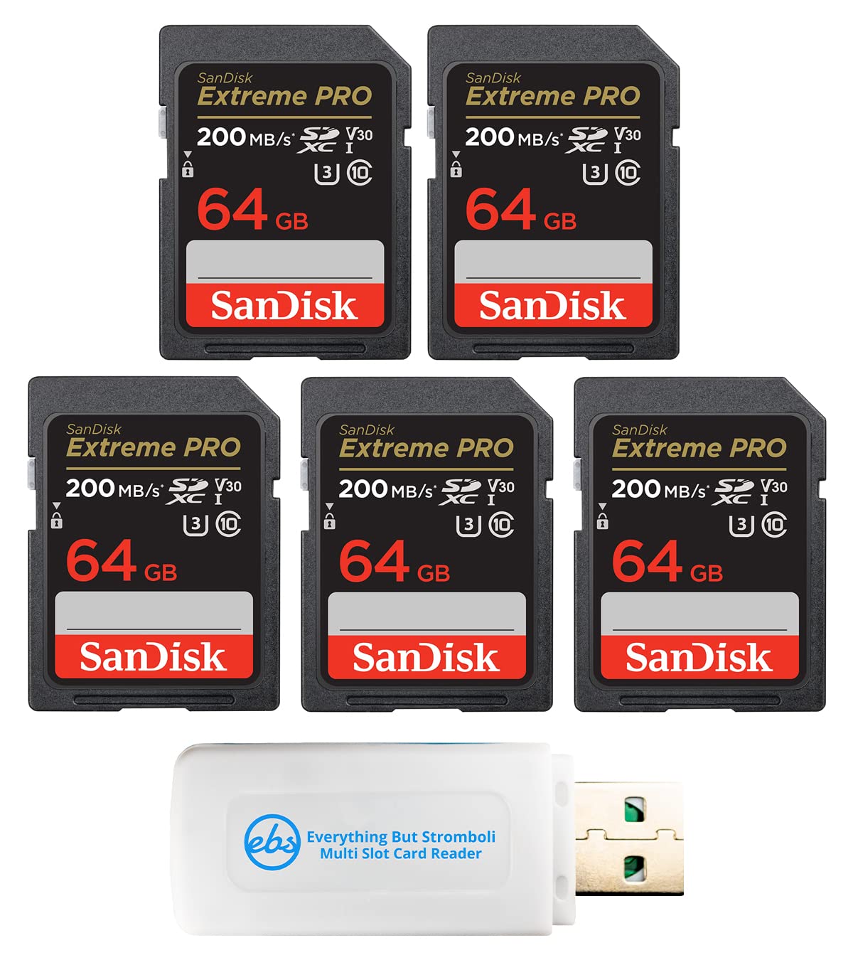 SanDisk 64GB (Five Pack) Extreme Pro Memory Card (SDSDXXY-064G-GN4IN) SDXC 4K V30 UHS-I with Everything But Stromboli (TM) Combo Reader