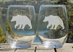 bear glasses, rustic cabin decor, mountain house, set of two 20oz etched wine glasses