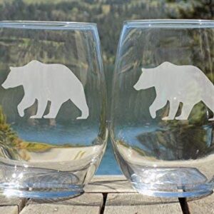 Bear Glasses, Rustic Cabin Decor, Mountain House, Set of two 20oz Etched Wine Glasses