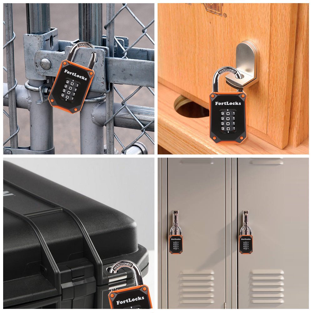 FortLocks Gym Locker Lock - 4 Digit, Heavy Duty, Hardened Stainless Steel, Weatherproof and Outdoor Combination Padlock - Easy to Read Numbers - Resettable and Cut Proof Combo Code - 1 Pack Orange