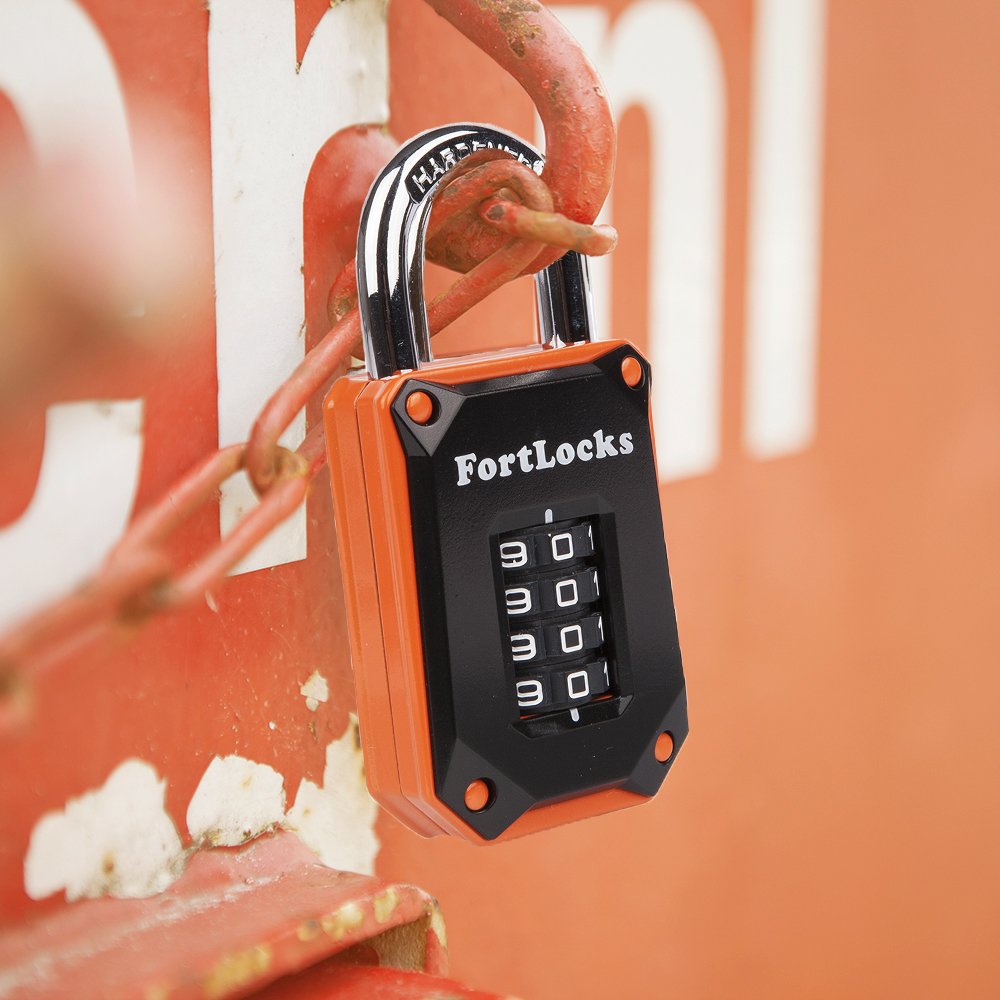 FortLocks Gym Locker Lock - 4 Digit, Heavy Duty, Hardened Stainless Steel, Weatherproof and Outdoor Combination Padlock - Easy to Read Numbers - Resettable and Cut Proof Combo Code - 1 Pack Orange