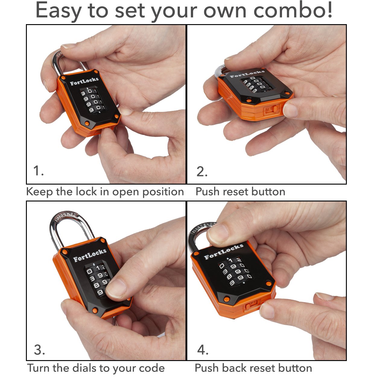 FortLocks Gym Locker Lock - 4 Digit, Heavy Duty, Hardened Stainless Steel, Weatherproof and Outdoor Combination Padlock - Easy to Read Numbers - Resettable and Cut Proof Combo Code - 1 Pack Orange