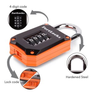 FortLocks Gym Locker Lock - 4 Digit, Heavy Duty, Hardened Stainless Steel, Weatherproof and Outdoor Combination Padlock - Easy to Read Numbers - Resettable and Cut Proof Combo Code - 1 Pack Orange