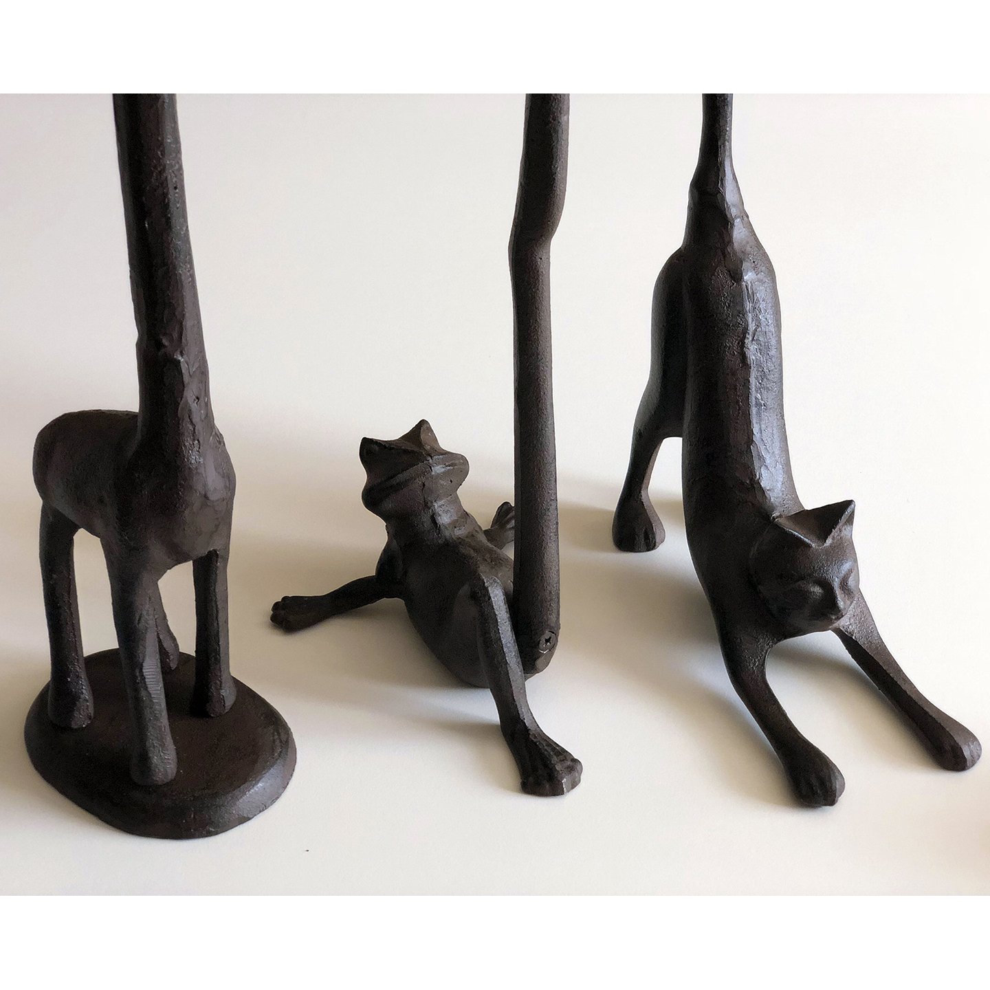 Stretching Cat Yoga Cast Iron Animal Paper Towel Holder Bath Tissue Toilet Roll Jewelry Organizer Free-Standing Bronze Rustic Decor 18-inch