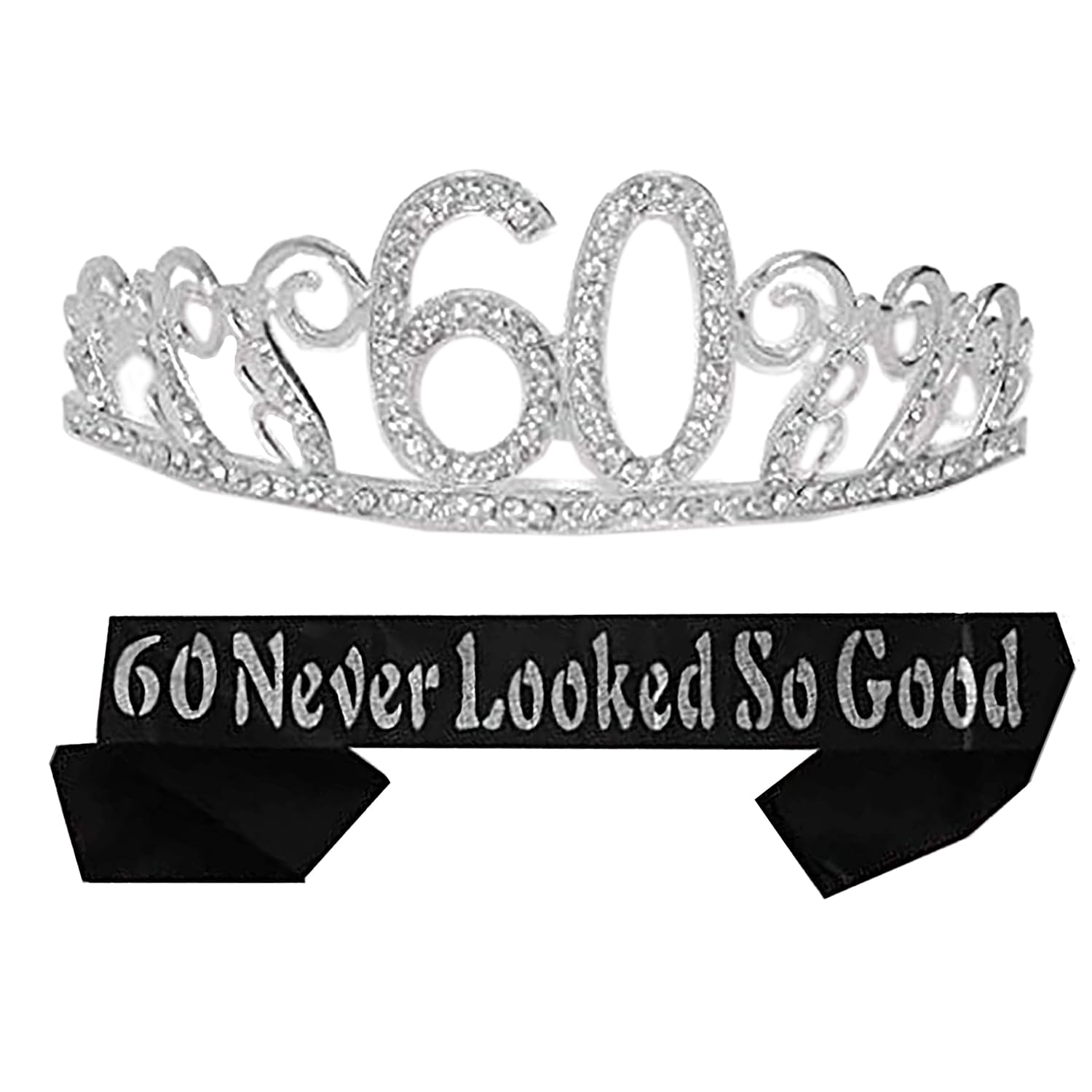 60th Birthday Sash & Tiara Set for Women - 60 Never Looked So Good Glitter Sash - Waves Rhinestone Silver Tiara - Gift for 60th Celebration Decorations, and Accessories