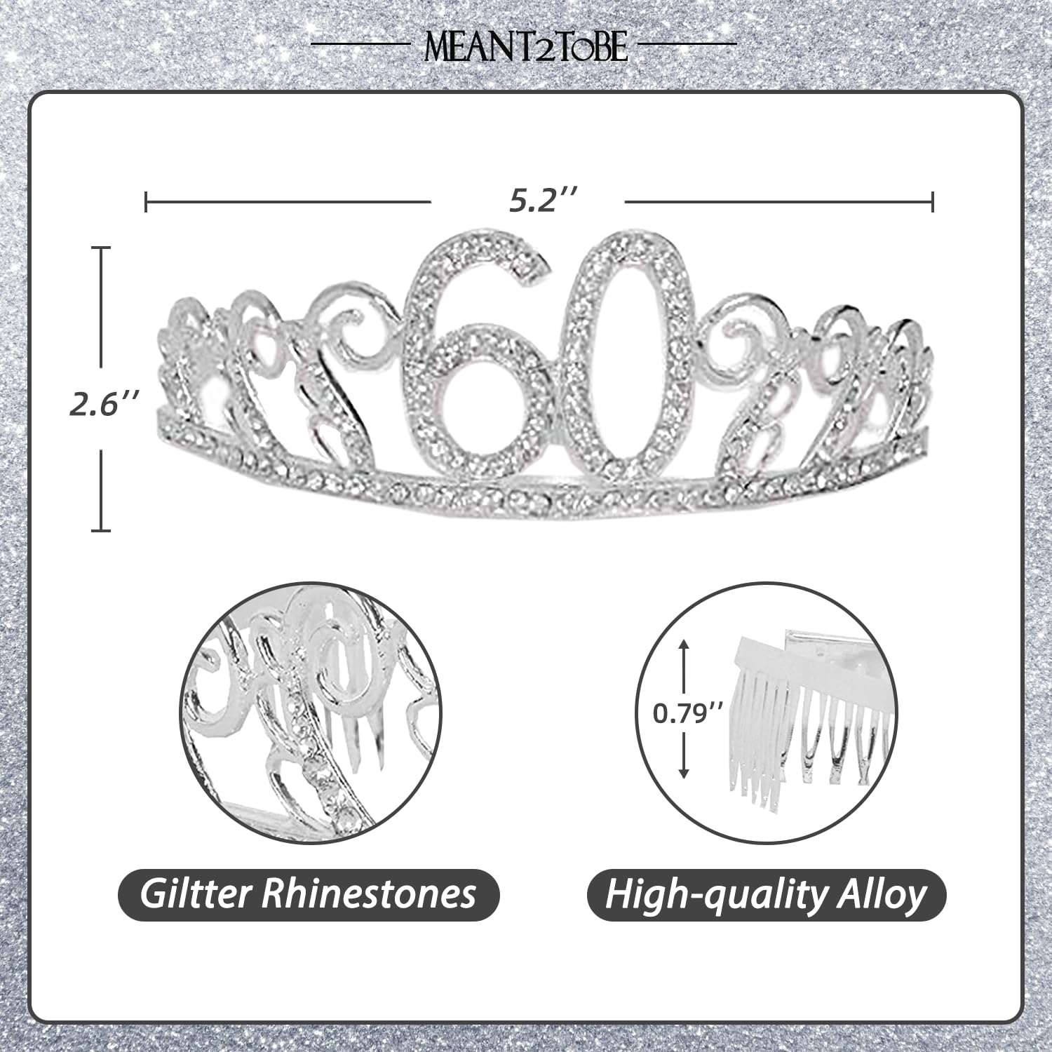 60th Birthday Sash & Tiara Set for Women - 60 Never Looked So Good Glitter Sash - Waves Rhinestone Silver Tiara - Gift for 60th Celebration Decorations, and Accessories