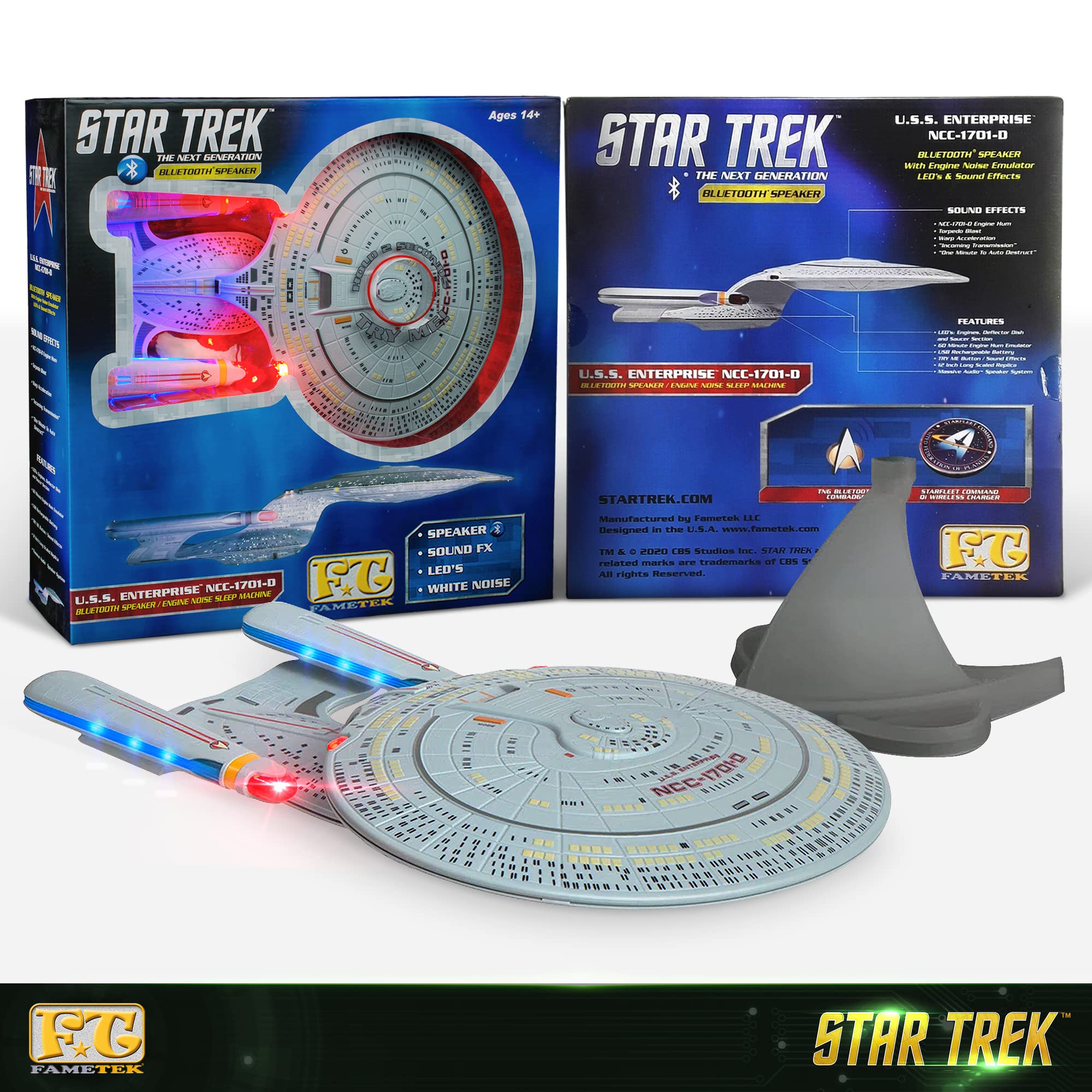 FAMETEK Star Trek U.S.S. Enterprise 1701-D – Replica Bluetooth Speaker, Engine Noise Sleep Machine, Night Light, Sound Effects – Memorabilia, Gifts, Gadgets, Collectibles for Star Trek Fans