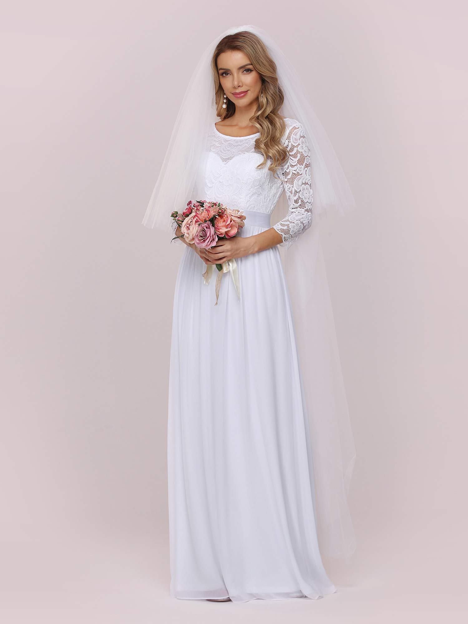Ever-Pretty Women's Winter Long Elegant Lace A-Line Wedding Dresses for Bride White US14
