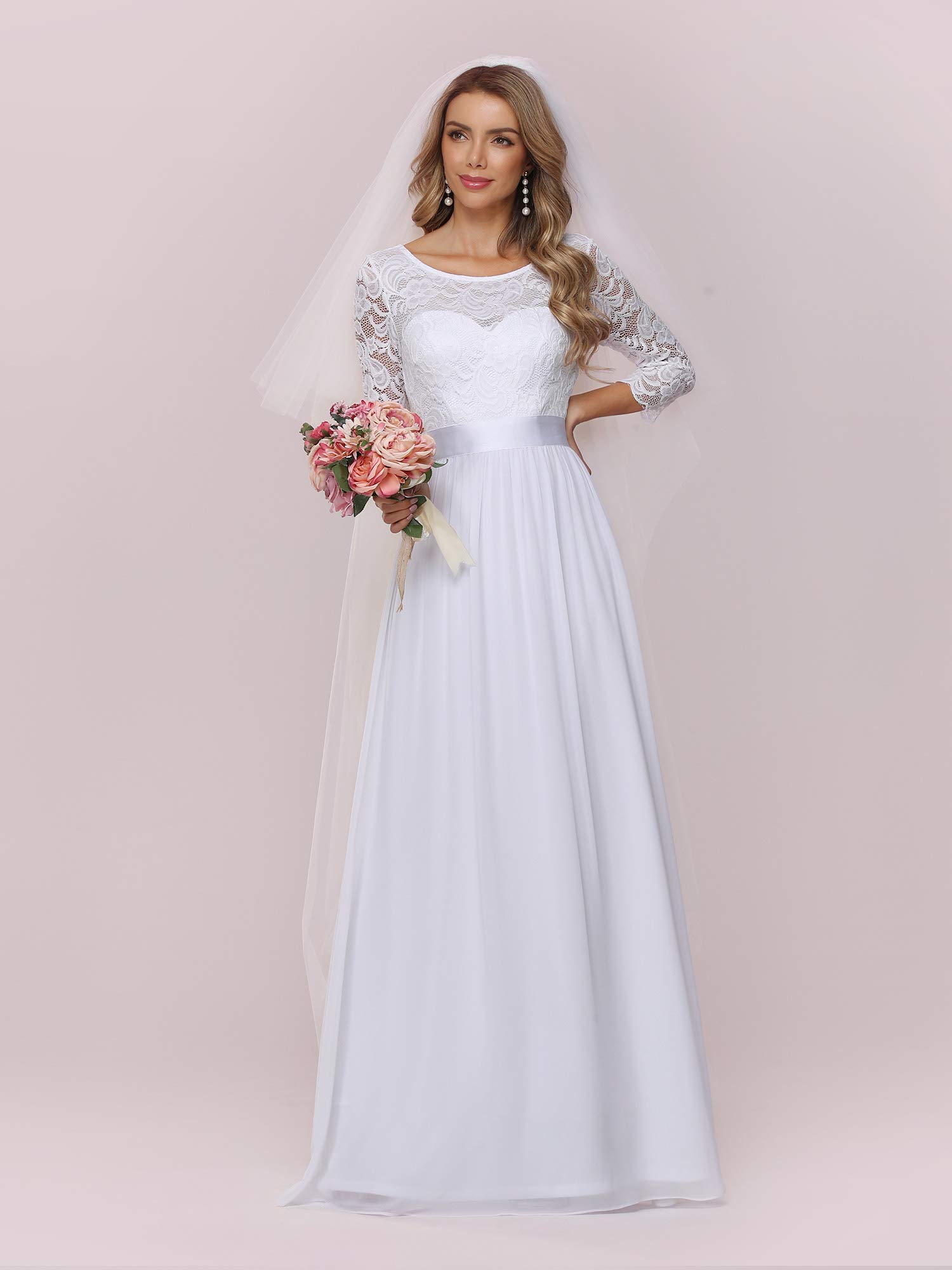 Ever-Pretty Women's Winter Long Elegant Lace A-Line Wedding Dresses for Bride White US14