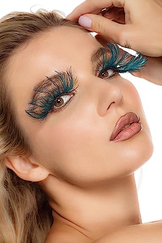 Dorisue Halloween eyelashes Double Lip Black with Green Big Extra Long Feather eyelashes Extra extension Halloween Green Feather Tip False Eyelashes Dance Halloween Costume