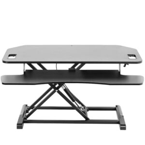 vivo extra wide 38 inch corner desk converter, k series, height adjustable sit to stand riser, dual monitor and laptop workstation with wide keyboard tray, black, desk-v000kl