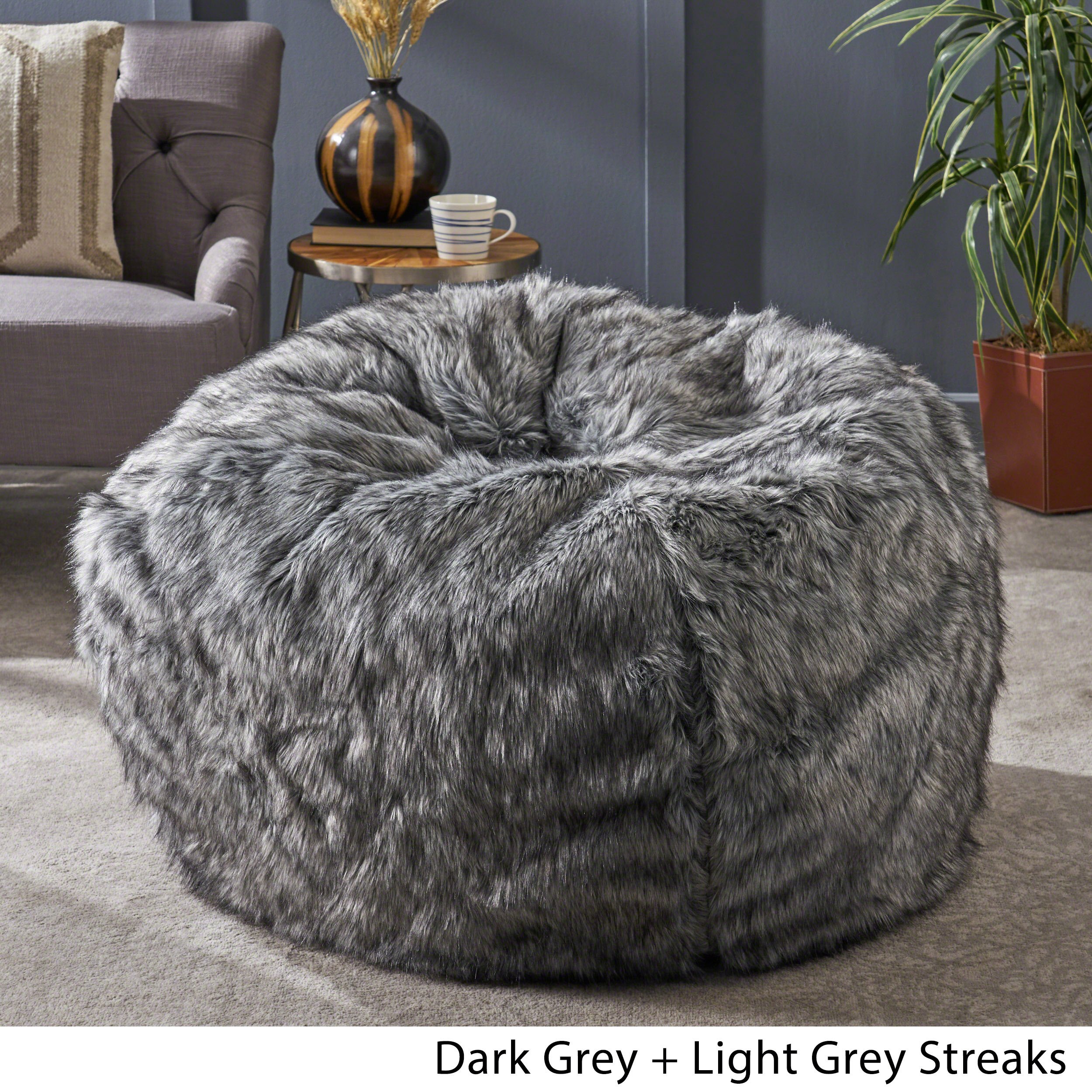 Christopher Knight Home Laraine Furry Glam Dark Light Grey Streak Faux Fur 3 Ft. Bean Bag, Small