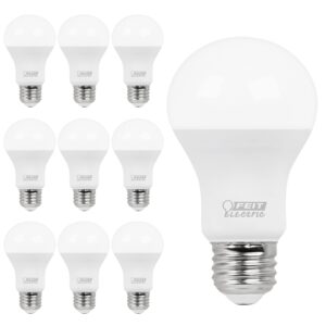 feit electric a19 led light bulbs, 60w equivalent, non dimmable, 800 lumens, e26 standard base, 3000k warm white, 80 cri, 10 year lifetime, energy efficient, 10 pack, a800830/10kled/10/rp