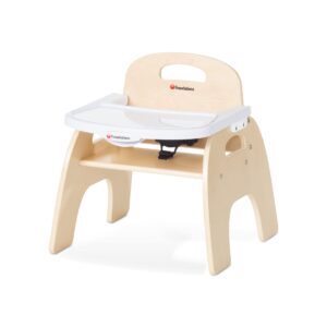 foundations easy serve 9" low wood feeding chair, 3-point adjustable harness, removable dishwasher safe tray, “no tip” base, made of baltic birch plywood (natural)