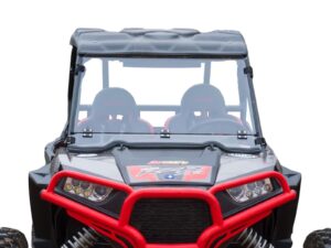 superatv.com scratch resistant flip/fold down 2-in-1 windshield for polaris rzr 900 / s 900 / 4 900 | 1/4" thick polycarbonate 250x stronger than glass | hard coated | usa made