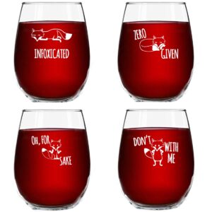 funny stemless wine glass set | the fox series pack of 4 glasses set | infoxicated, zero fox given, oh for fox sake, don't fox with me | novelty glasses with cute sayings for women, her | made in usa