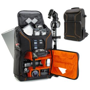 usa gear dslr camera backpack case - 15.6 inch laptop compartment, padded custom dividers, tripod holder, rain cover, long-lasting durability and storage pockets - compatible with many dslrs (orange)