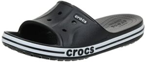 crocs unisex bayaband slides | slide sandals, black/white, 9 men/11 women