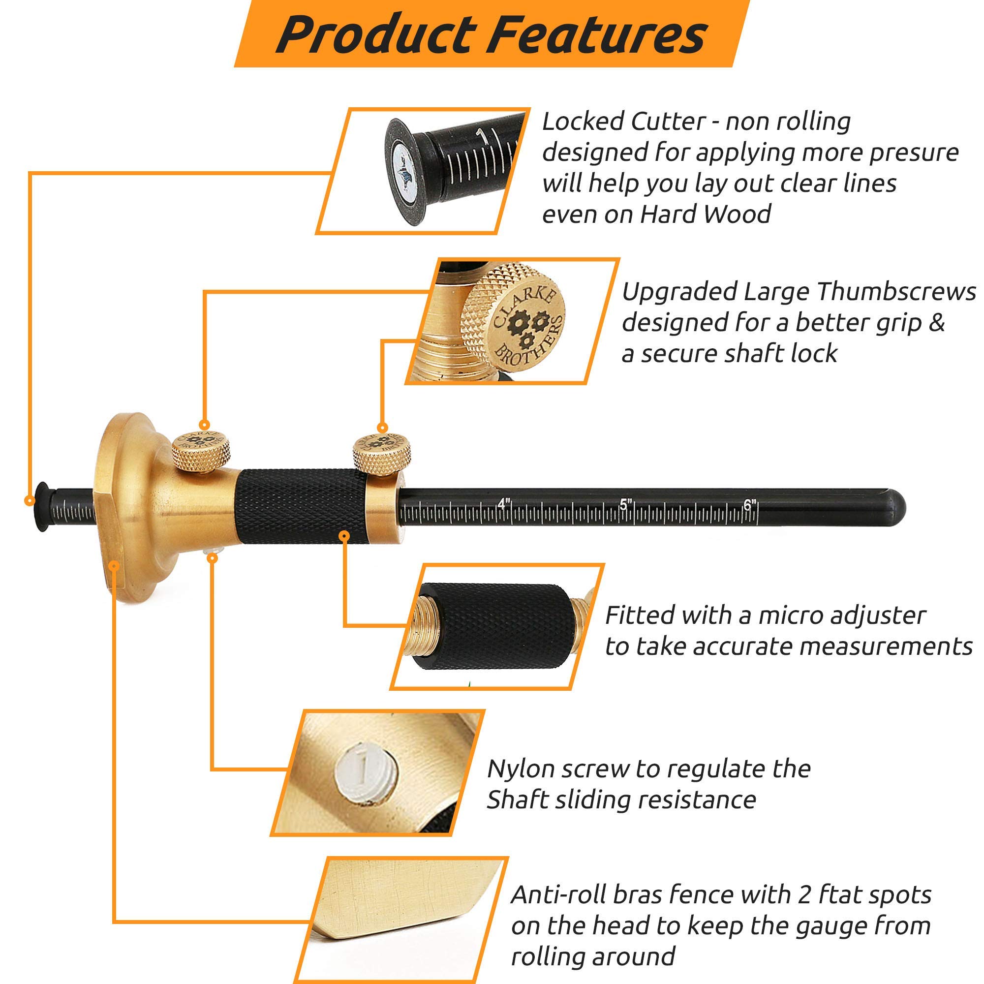 Wheel Marking Gauge Kit - 2 Extra Cutter Wheels, Roll Stop Head, Micro Adjuster, Metric Imperial Ruler, 7'' Brass Marker Tool for Woodwork