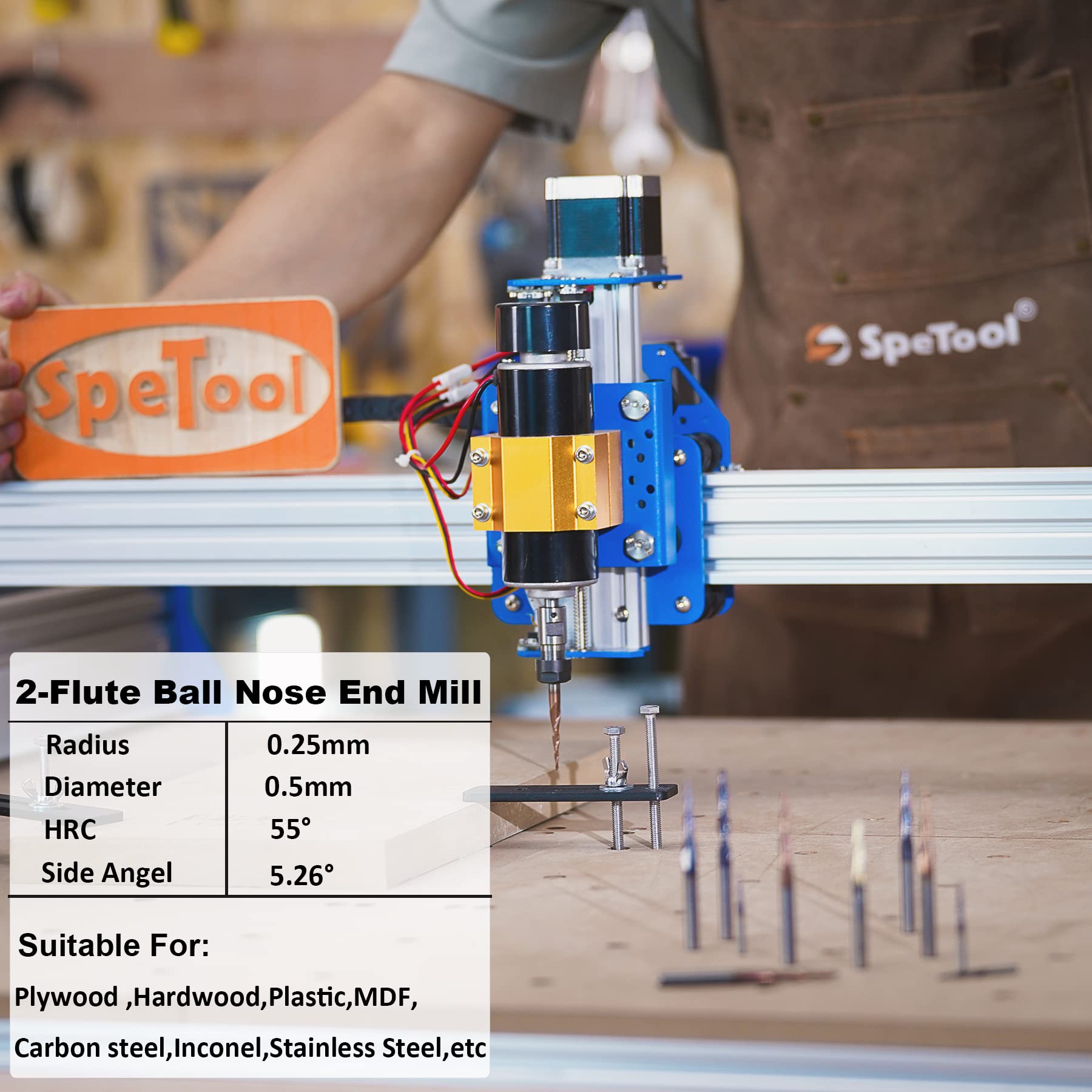 SpeTool Tapered Ball Nose End Mill 1/4" X 3" with 0.5mm Tip Diameter(0.25mm Radius) Ball Nose 5.26Deg Router Bit for CNC Machine Engraving Carving Bits H-Si Coated